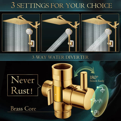 12 Inch Rain Shower Head With 11 Inch Adjustable Extension Arm And 5 Function High Pressure Handheld Shower Brushed Gold Finish Stainless Steel Body Durable Construction For Full Body Coverage And Boss Level Spa Like Spray with 3 water settings and brass core diverter.