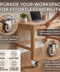 Heavy Duty 1.5 Inch Plate Caster Wheels Set Of 4 Low Profile Swivel Casters For Furniture on desk with locking brake.