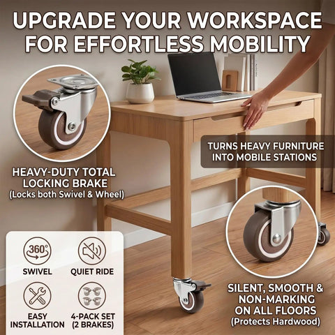 Heavy Duty 1.5 Inch Plate Caster Wheels Set Of 4 Low Profile Swivel Casters For Furniture on desk with locking brake.