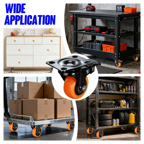 2 Inch Swivel Caster Wheels Set Of 4 Featuring Dual Lock Brakes shown on various carts and furniture for easy movement.