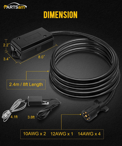 Tough As Nails Seven Pin Trailer Wiring Harness With Eight Foot Extension Cable And Weatherproof Junction Box dimensions with cable lengths.