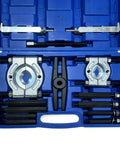 Professional Grade 14 Piece Automotive Bearing Puller Kit With Dual Disc Separator Aid To Remove Bearings Safely For Cars Or Motorcycles Great For Wrenching Fans Who Want Fast Results Using A Killer Puller Kit For Trucks And Bikes. blue case with steel bearing pullers and separator set