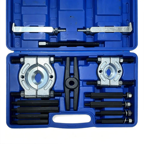 Professional Grade 14 Piece Automotive Bearing Puller Kit With Dual Disc Separator Aid To Remove Bearings Safely For Cars Or Motorcycles Great For Wrenching Fans Who Want Fast Results Using A Killer Puller Kit For Trucks And Bikes. blue case with steel bearing pullers and separator set