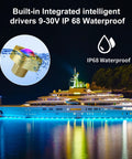 Lit RGBW Boat Drain Plug Lights With Half Inch NPT Fit illuminating a yacht on a lake, showing IP68 waterproof feature.