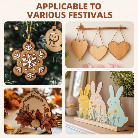 Six-pack oak plywood sheets, unfinished; assorted craft shapes for ornaments, including snowflake, hearts, and bunnies.