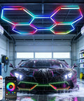 Lit RGB Hexagon Garage Light Kit With 5 Panels, 25 Pack Color Changing LED Lights installed in garage over car