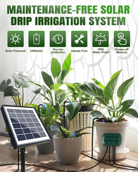 Solar Drip Irrigation Kit 50Ft With Timer Automatic Garden Watering System for balcony plants, solar panel charging.