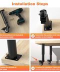 Installation steps for Adjustable Furniture Legs with 2.36 Inch Swivel Casters attached to wooden furniture surface.