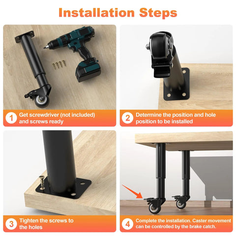 Installation steps for Adjustable Furniture Legs with 2.36 Inch Swivel Casters attached to wooden furniture surface.