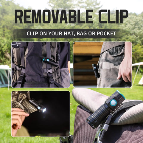 Ultra Bright 1500 Lumen EDC Flashlight with removable clip shown on backpack, pocket, hat, and bag.