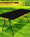Black waterproof elastic fitted tablecloth on 6-foot picnic table, polyester, snug fit for outdoor use, 30 by 72 inches.