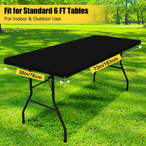 Black waterproof elastic fitted tablecloth on 6-foot picnic table, polyester, snug fit for outdoor use, 30 by 72 inches.