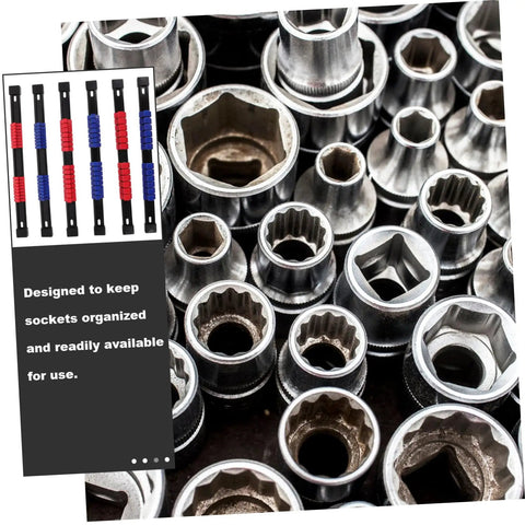 Slick 6 Piece Socket Organizer Tray With Fast Match Labels and Chunky Base for Rock Solid Stability Heavy Duty ABS Build shown with sockets.