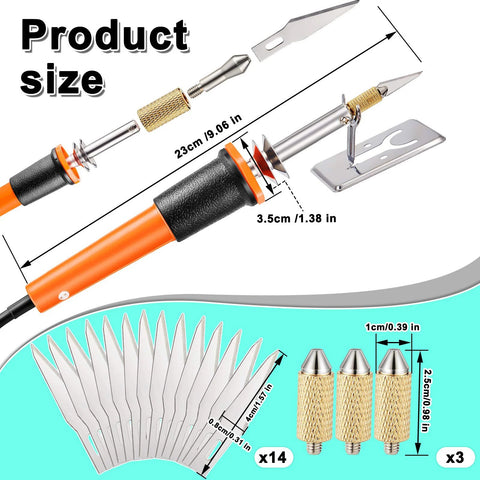 Honoson electric hot knife cutter with orange handle and metal stand; includes 14 blades and 3 chuck sleeves