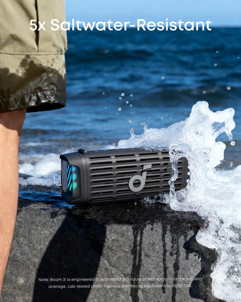 Compact outdoor speaker with floating playback stays upright in waves IP68 waterproof saltwater resistant on rocky shore.