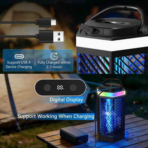 Rechargeable Bug Zapper For Indoor And Outdoor Use, 8000mAh Battery, USB Charging, LED Night Light, Mosquito Killer
