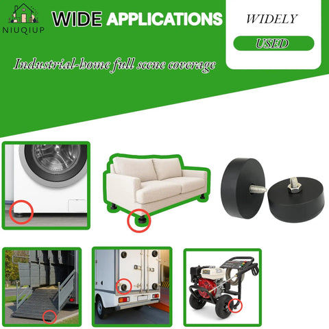 Four Pack 2.5 Inch Heavy Duty Rubber Bumpers for Trailer Ramps, sofa legs, washer feet, door stops, and generator use.