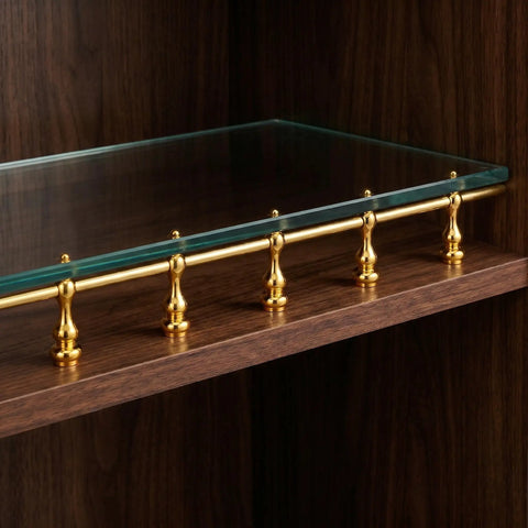 12 Pack Gold Shelf Rail Brackets for Cabinets and Bars, 6mm Hole Metal, mounting glass shelf, wooden cabinet background