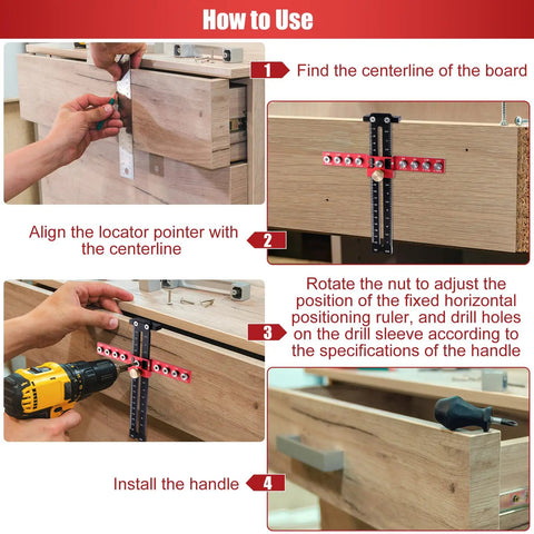 Adjustable Cabinet Hardware Jig And Handle Template Tool crafted from heavy duty aluminum used to align holes for precision drilling.