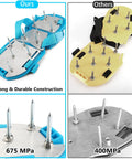 Comparison of fully assembled lawn aerator shoes with adjustable Velcro straps and ground piercing spikes for easy soil aeration.