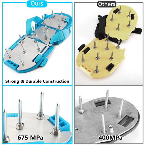 Comparison of fully assembled lawn aerator shoes with adjustable Velcro straps and ground piercing spikes for easy soil aeration.