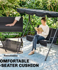 Woman sitting on Three Seat Outdoor Patio Swing Chair with Removable Cushions, Steel Frame Stand, Adjustable Tilt Canopy in garden