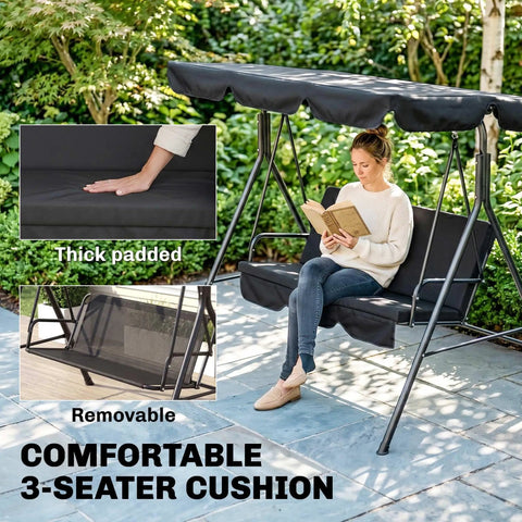 Woman sitting on Three Seat Outdoor Patio Swing Chair with Removable Cushions, Steel Frame Stand, Adjustable Tilt Canopy in garden