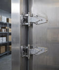 Rock Solid Zinc Alloy Cold Storage Door Hinges Heavy Duty Freezer Hinge Replacement For Walk In Cooler And Industrial Refrigeration 2 Pack installed on a cooler door.