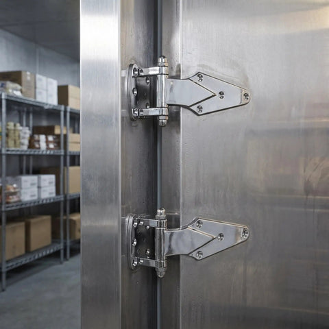 Rock Solid Zinc Alloy Cold Storage Door Hinges Heavy Duty Freezer Hinge Replacement For Walk In Cooler And Industrial Refrigeration 2 Pack installed on a cooler door.
