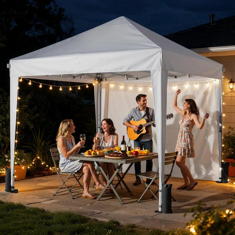 Easy Up 10x10 Pop Up Canopy With Sidewalls One Push Instant Setup No Tools Needed, people enjoying evening under canopy