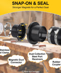 One To Multi Magnetic Dust Collector System for 4 Inch Woodworking Dust Hose Includes 1 Port Connector and 2 Sets of 4 Inch Couplers Quick Connect Easy Move Between Tools Vacuum System Compatible showing exploded view of components, including magnetic duct connector, dust collection steel port receivers, rubber coupler, and 304 stainless steel clamp on workshop table.