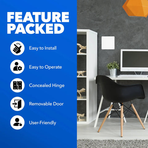 Top Shelf 10X10 Drywall Access Panel For Ceiling Or Wall With Smooth White Cover built solid, showing features like easy installation in a modern setting.