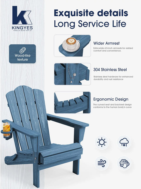 Navy wood-like HDPE folding Adirondack chair with hidden swivel cup holder, showcasing ergonomic design and stainless steel details