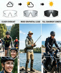 Kickass Photochromic Polarized Safety Glasses With UV400 Protection And Impact Resistant Build For Cycling Driving Work Tasks Ace Eyewear adjusting tint from cloudy to bright sun.