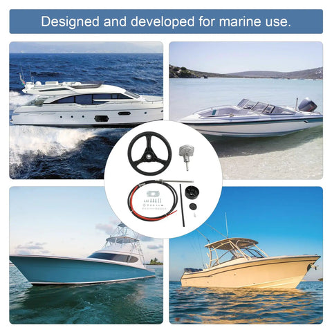 12ft Boat Steering Cable System Rotary Kit With 13.5 Inch Steering Wheel And Three Fourth Inch Tapered Shaft For Marine Boats Replacement Pro Grade Mechanical Steering For Yachts And Fishing Boats shown with various boat types in marine setting