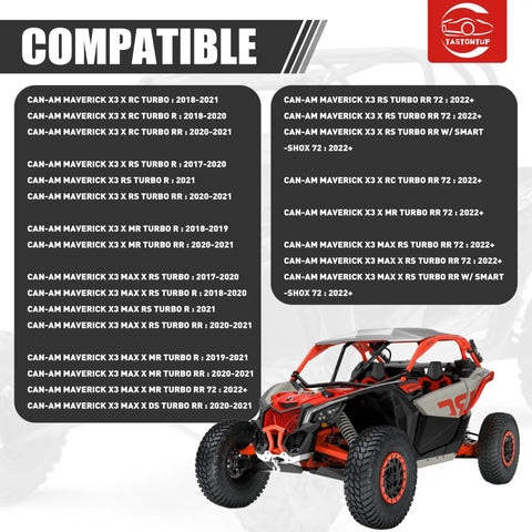 Can-Am Maverick X3 72 Inch Heavy Duty Boxed Rear Radius Arms With Heim Joints Pre Adjusted Steel Red For 2017 2023 X RC RS MR MAX Models 72 Inch Body Beefed-Up Off Road Upgrade compatible fitment chart