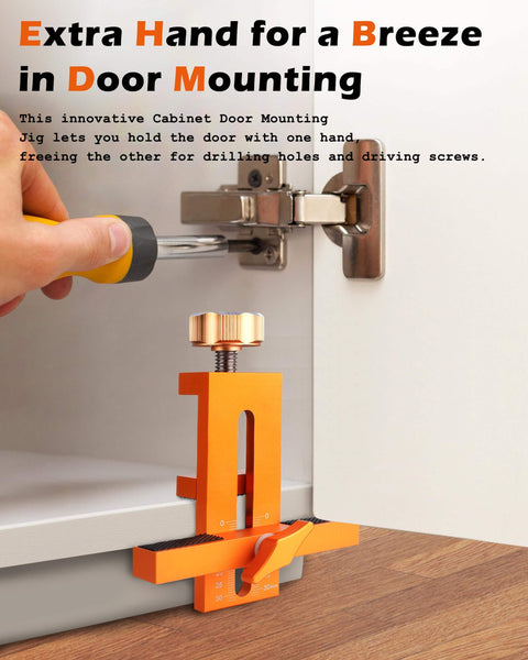 Door Mounting Jig For Cabinets That Lets You Hold Drill And Secure With One Tool No Extra Hands Needed, base cabinet hinge installation positioner in use.