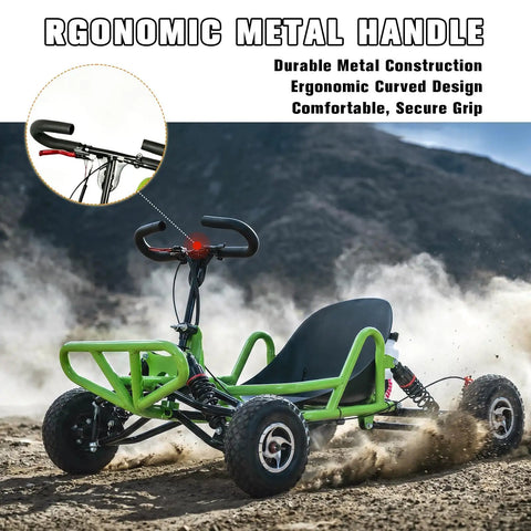 Gas Powered Off Road Go Kart For Adults And Teens With 63cc 2.5HP Engine showcased off-roading on rugged terrain with ergonomic handle.
