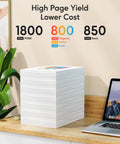 Stack of printed pages on desk with page yield information, related to Five Color XXL Ink Cartridge Value Pack High-Capacity Replacement For 280 281 Ink Cartridges.