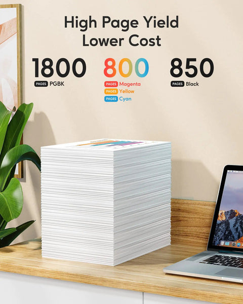 Stack of printed pages on desk with page yield information, related to Five Color XXL Ink Cartridge Value Pack High-Capacity Replacement For 280 281 Ink Cartridges.