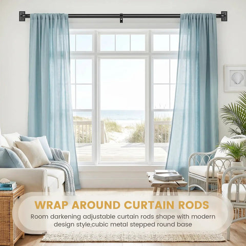 Heavy Duty Black Wrap Around Curtain Rod Set, Adjustable 66 To 120 Inch over light blue drapes in living room