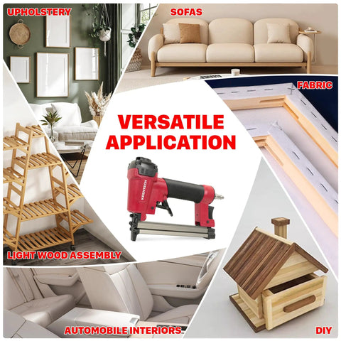 Rock Solid Pneumatic Staple Gun For Carpentry And Diy Projects Smooth Shooting 22 Gauge Air Powered Crown Nailer on display for upholstery and DIY use.