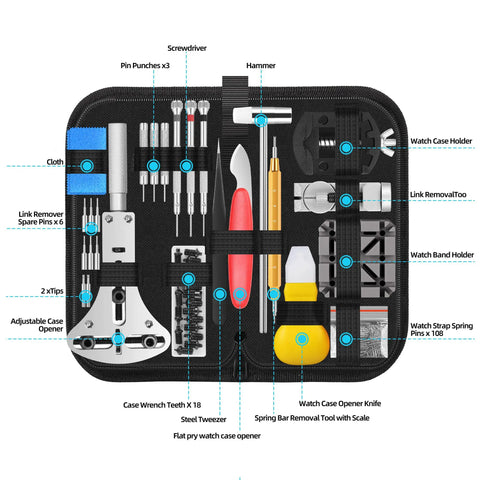 Pro Grade 151 Tools Watch Repair Kit For Battery Replacement And Strap Removal, Includes Case, Pliers, Tweezers, Screwdrivers