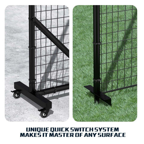Heavy Duty Ball Stop Net System 40Ft By 12Ft 2 In 1 Portable Backstop Net on wheels, freestanding on concrete and grass