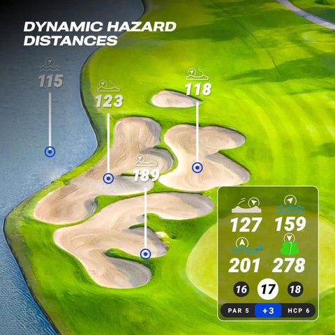 AI Powered Golf GPS Speaker With Touchscreen Yardages, Hazards And Music, 42,000+ Courses displayed with hazard distances