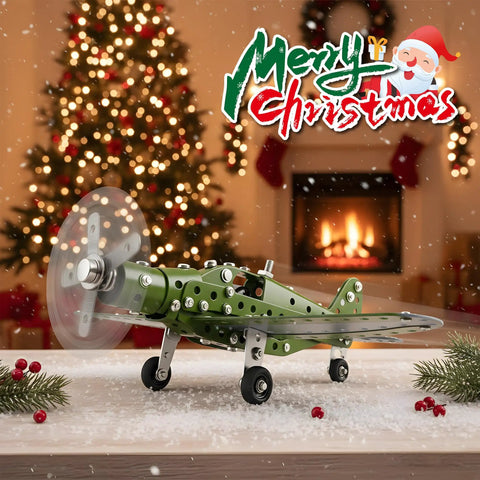Metal Airplane Building Kit For Kids Ages 8 16 285 Piece DIY Mechanical Engineering Set With Real Nuts Bolts Screwdriver And Wrench Build Like A Pro Large Model Aircraft Project For Boys And Girls Educational STEM Gift shown in front of Christmas decorations.