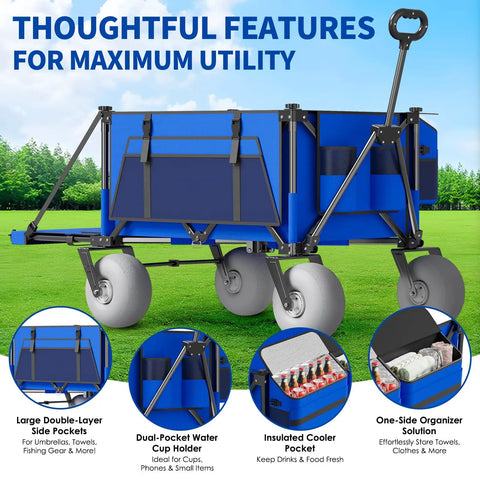 Side view of Heavy Duty Beach Wagon With Big Wheels For Sand 450 Lb Load Foldable Cart With 9 Inch All Terrain Inflatable Tires