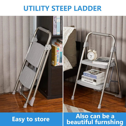 Two Step Stainless Steel Folding Ladder With 500 Pound Capacity Wide Anti Slip Pedals And Beefy Durable Handgrip Lightweight Compact Step Stool For Kitchen Office Home Use Gray showcasing folded and open positions near a bookshelf.
