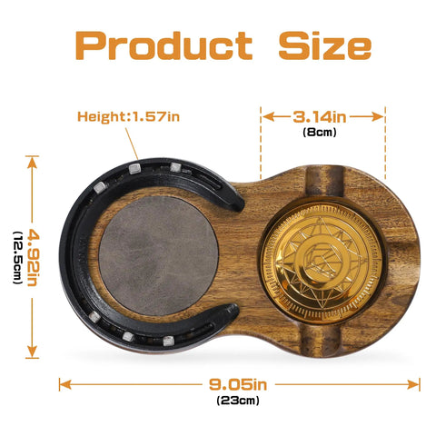 Top view of Wooden Cigar Ashtray With 3 Slots, Coaster And Whiskey Glass Tray, Handmade Horseshoe Design, size shown in inches