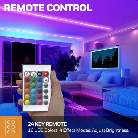 Color Changing RGB LED Strip Light 16.4 Ft With Motion Sensor And Remote in a living room, highlighting remote control features.